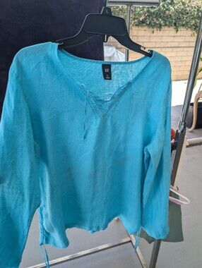 GAP Turquoise Linen Lace-Up Long Sleeve Top
